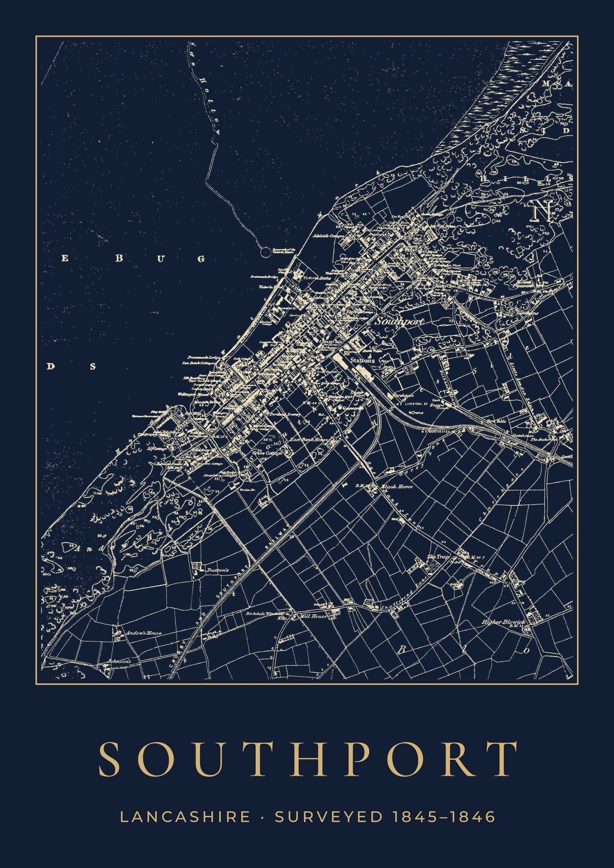 Southport old Ordnance Survey map print, surveyed 1845–1846, Night Ink design
