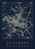 St Albans old Ordnance Survey map print, surveyed 1872–1878, Night Ink design