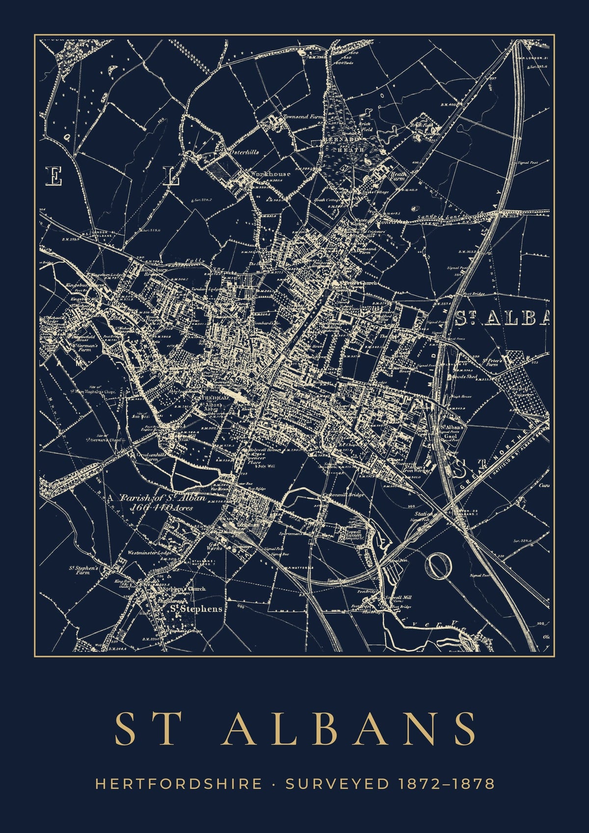 St Albans old Ordnance Survey map print, surveyed 1872–1878, Night Ink design