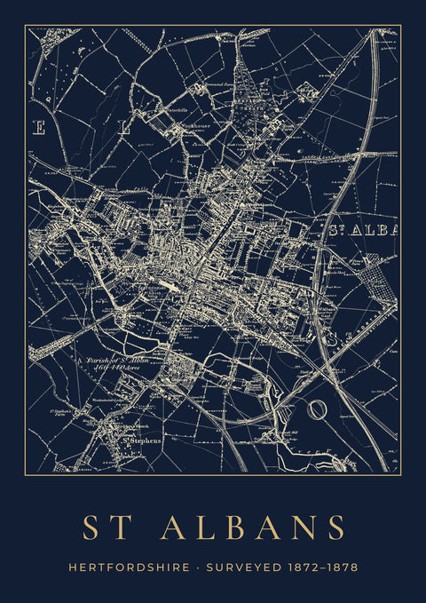 St Albans in 1878 Old Map Print — Night Ink