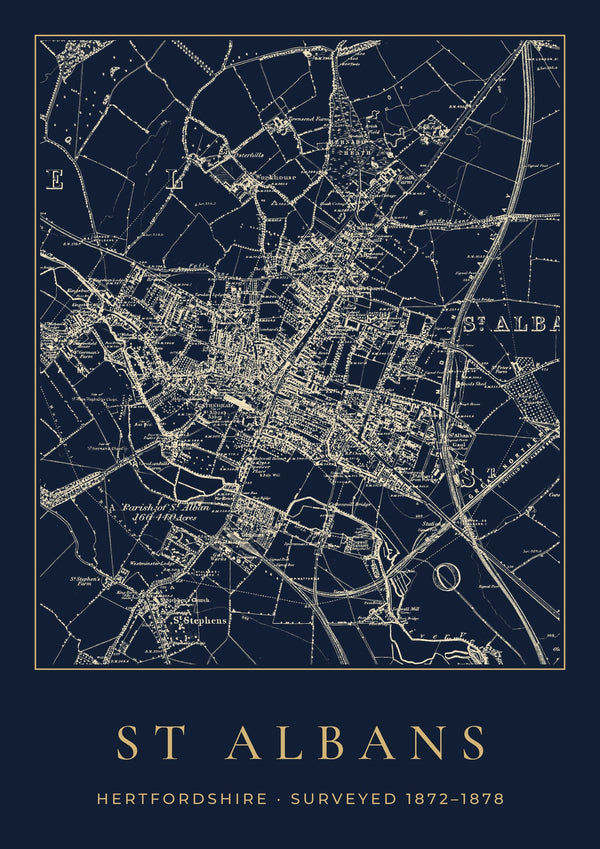 St Albans in 1878 Old Map Print — Night Ink