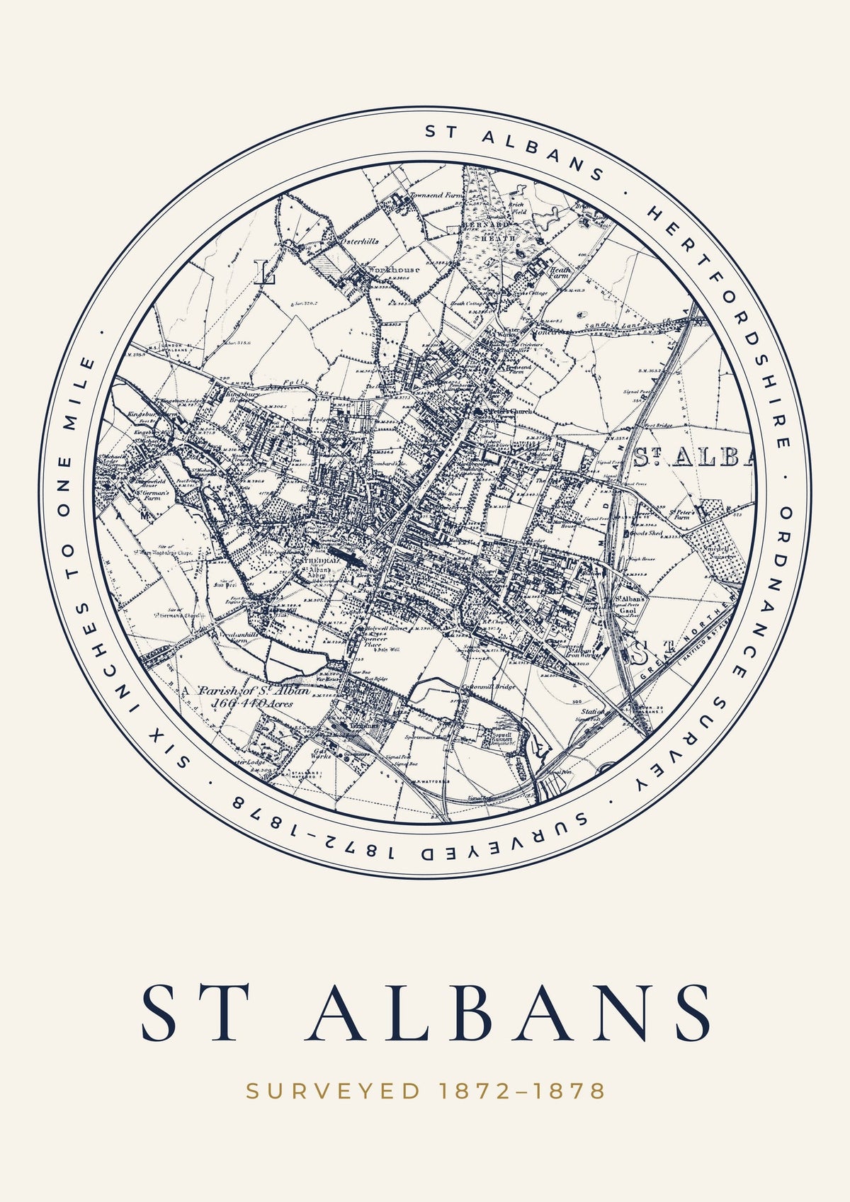 St Albans old Ordnance Survey map print, surveyed 1872–1878, Roundel design
