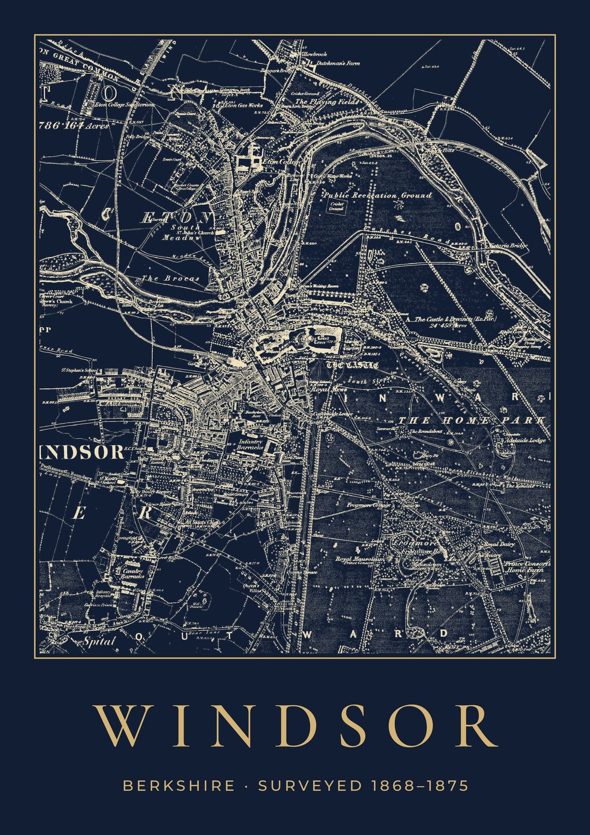 Windsor old Ordnance Survey map print, surveyed 1868–1875, Night Ink design