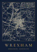 Wrexham old Ordnance Survey map print, surveyed 1872, Night Ink design