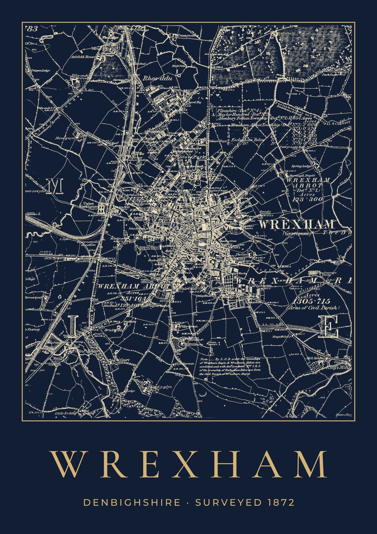 Wrexham old Ordnance Survey map print, surveyed 1872, Night Ink design