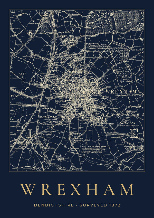 Wrexham in 1872 Old Map Print — Night Ink
