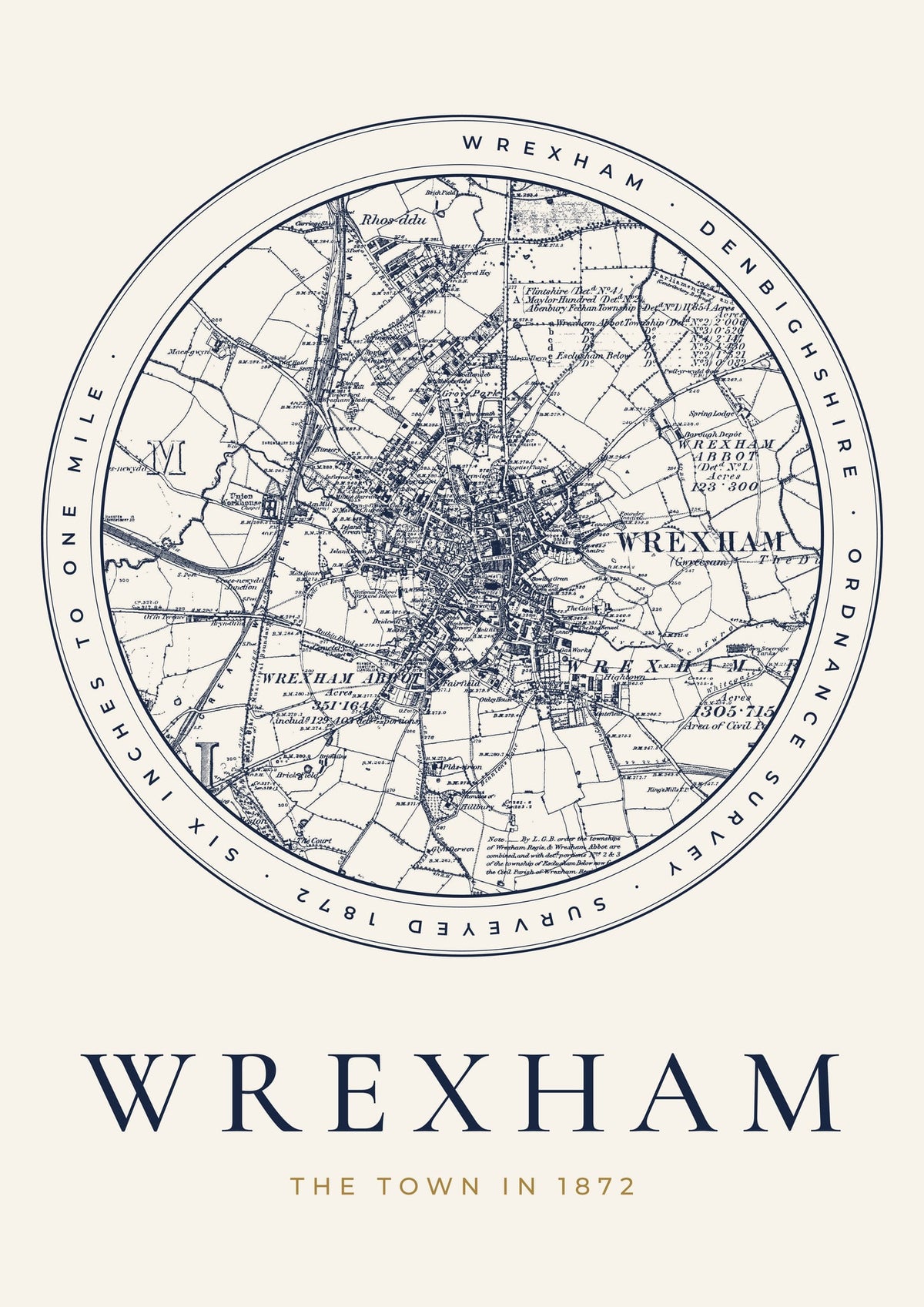 Wrexham old Ordnance Survey map print, surveyed 1872, Roundel design