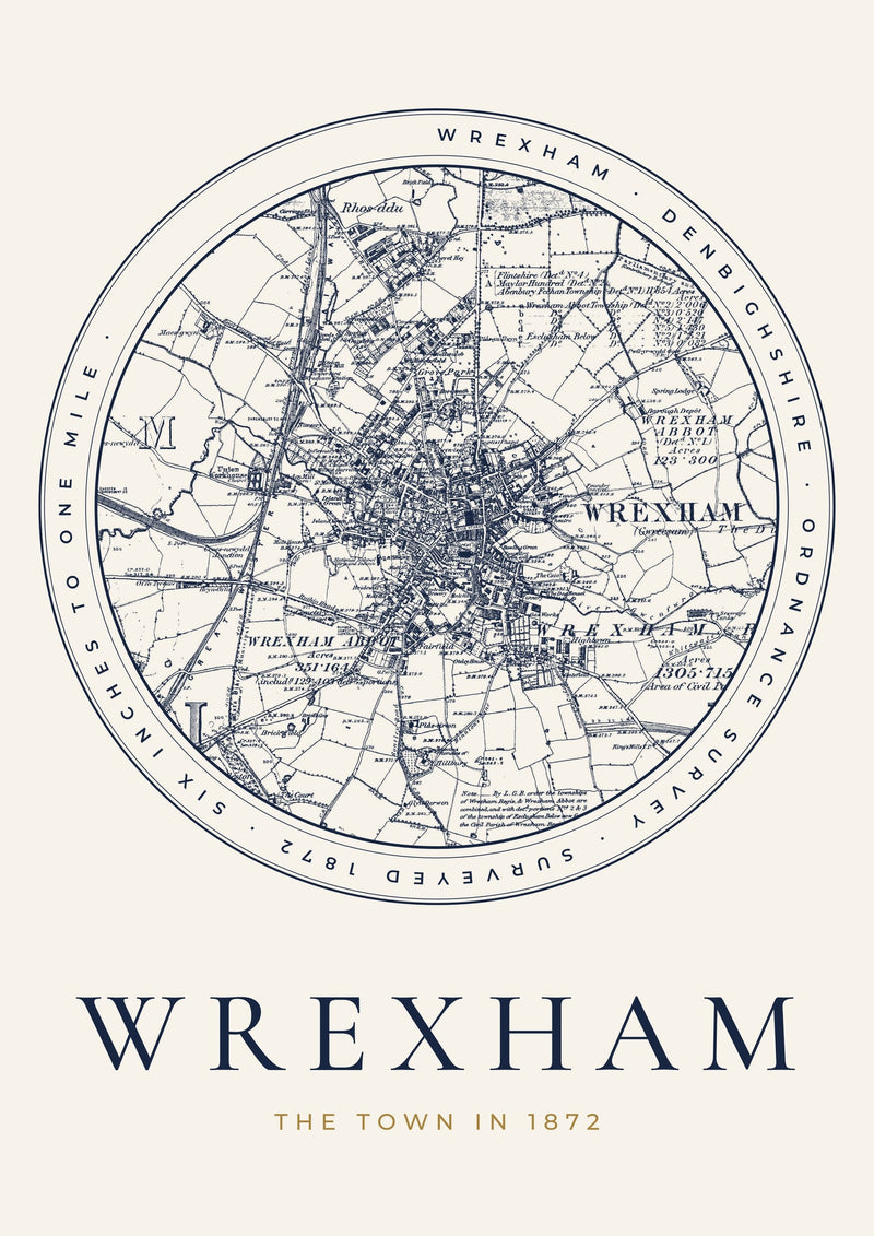 Wrexham in 1872 Old Map Print — Roundel