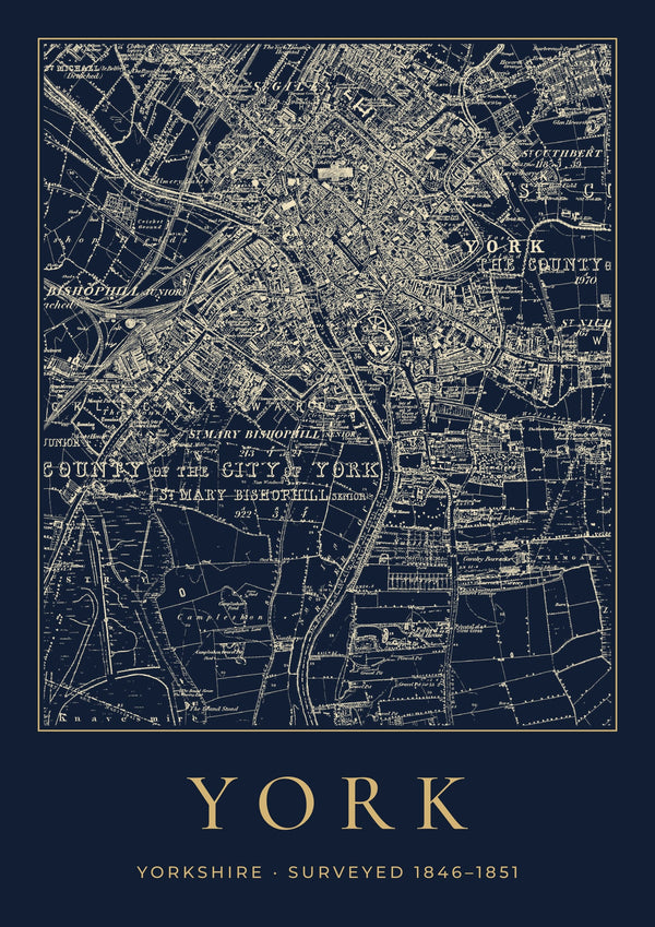 York in 1851 Old Map Print — Night Ink