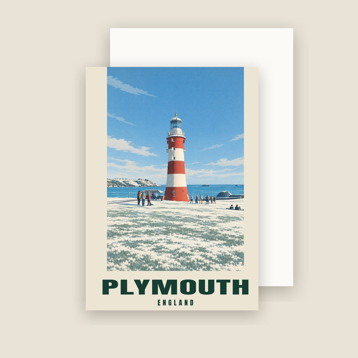 Smeaton's Tower, Plymouth winter Christmas card with its envelope