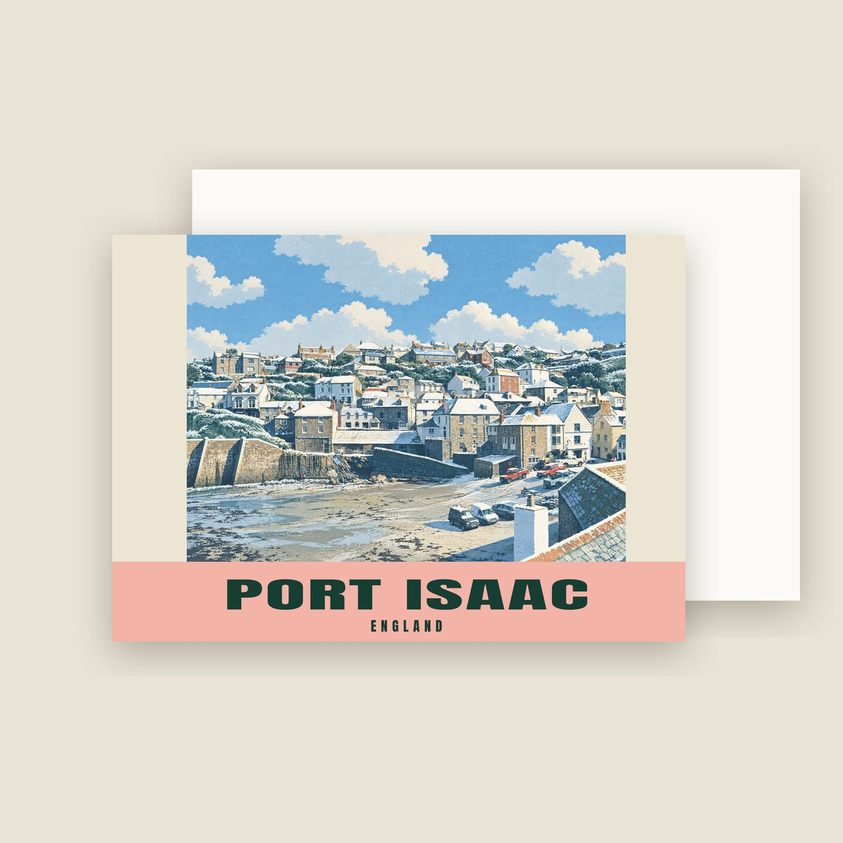 Port Isaac winter Christmas card with its envelope