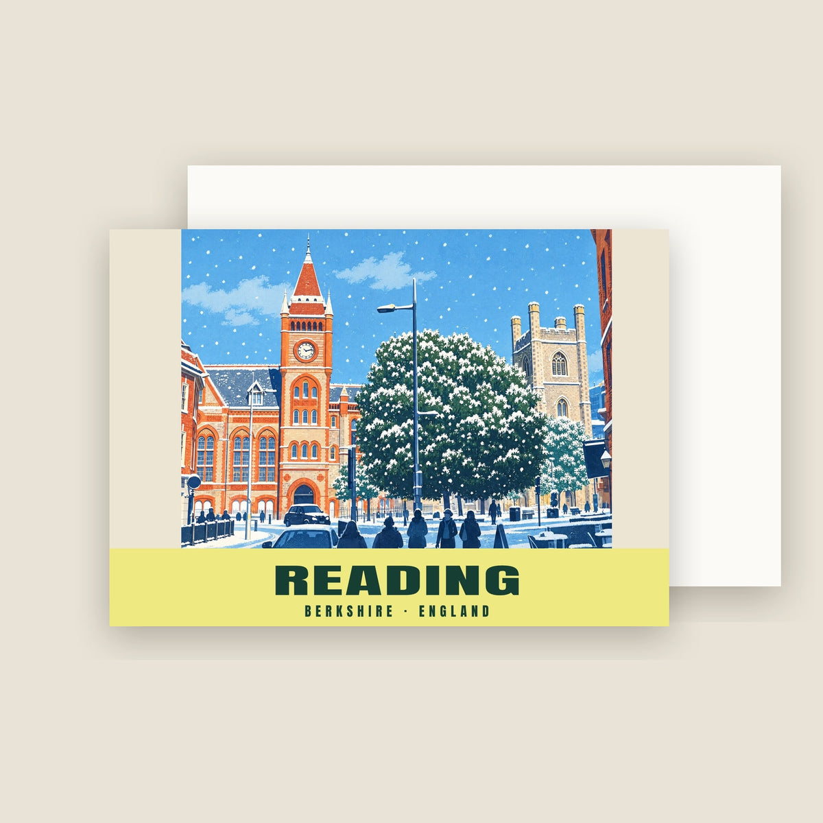 Town Hall and St Laurence’s Church, Reading winter Christmas card with its envelope