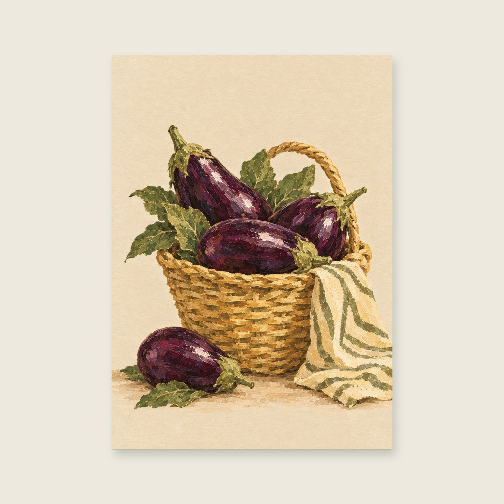 A Basket of Aubergines — Painterly gouache kitchen art print