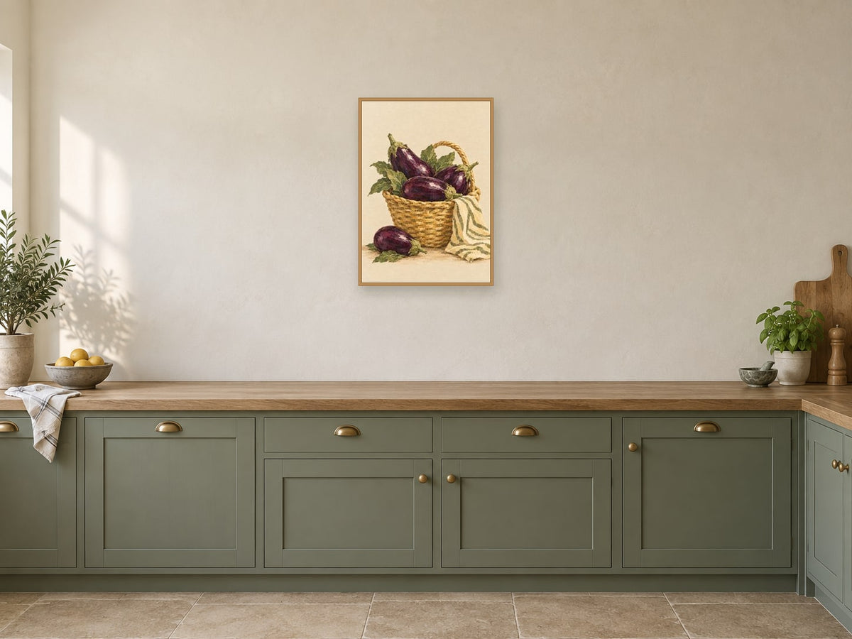 A Basket of Aubergines — A2 artwork shown in a room with a natural wood frame; select a framed finish to include a frame