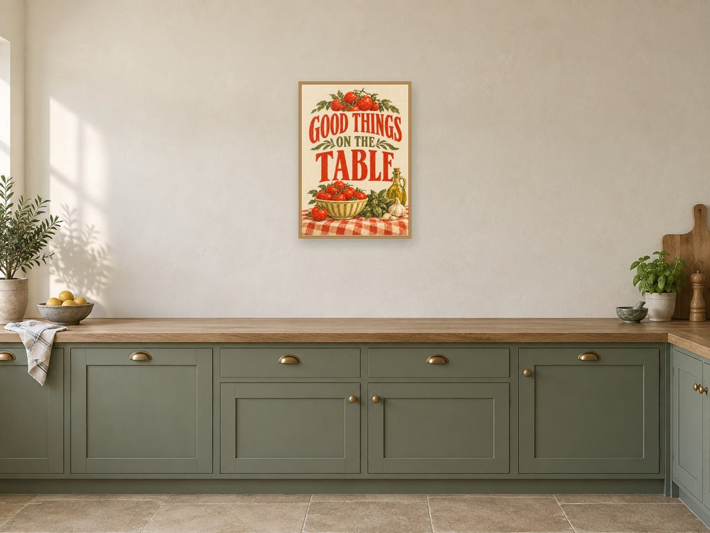 Good Things on the Table — A2 artwork shown in a room with a natural wood frame; select a framed finish to include a frame