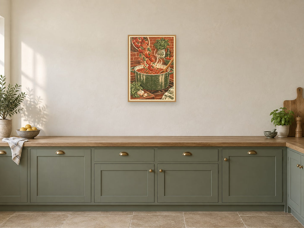 Sauce on the Stove — A2 artwork shown in a room with a natural wood frame; select a framed finish to include a frame