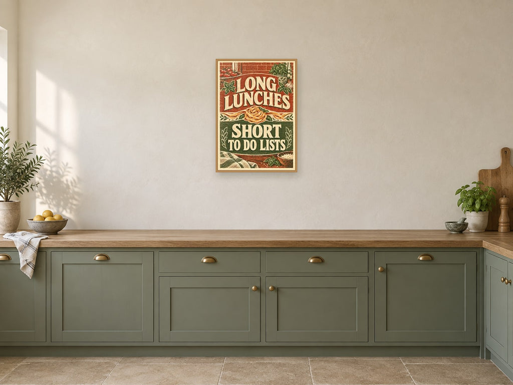 Long Lunches Short To Do Lists — A2 artwork shown in a room with a natural wood frame; select a framed finish to include a frame