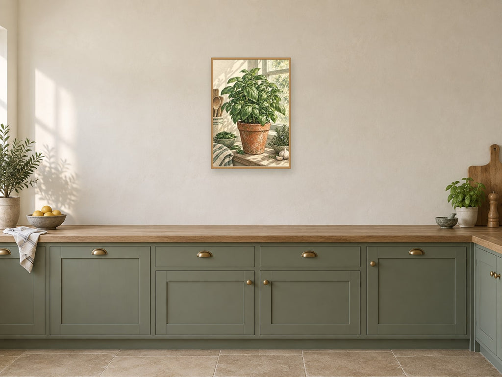 Basil on the Ledge — A2 artwork shown in a room with a natural wood frame; select a framed finish to include a frame