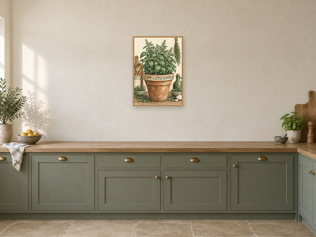 Grow a Little Flavour — A2 artwork shown in a room with a natural wood frame; select a framed finish to include a frame