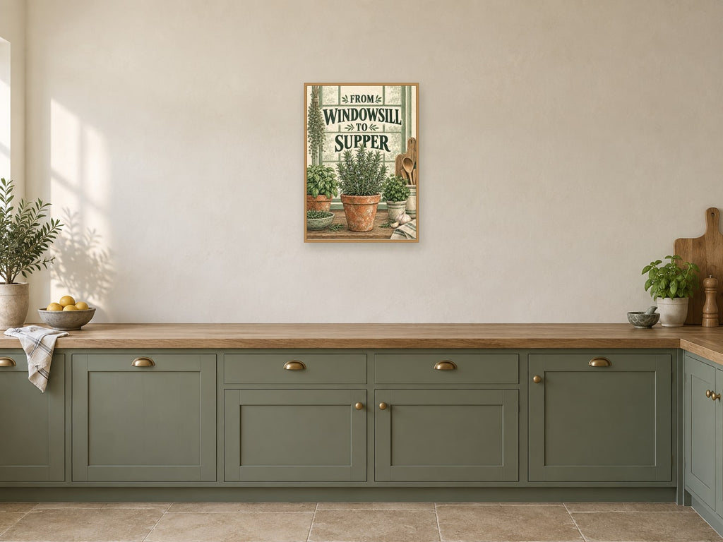 From Windowsill to Supper — A2 artwork shown in a room with a natural wood frame; select a framed finish to include a frame