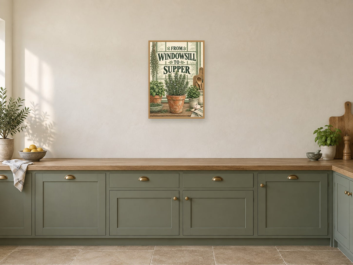 From Windowsill to Supper — A2 artwork shown in a room with a natural wood frame; select a framed finish to include a frame