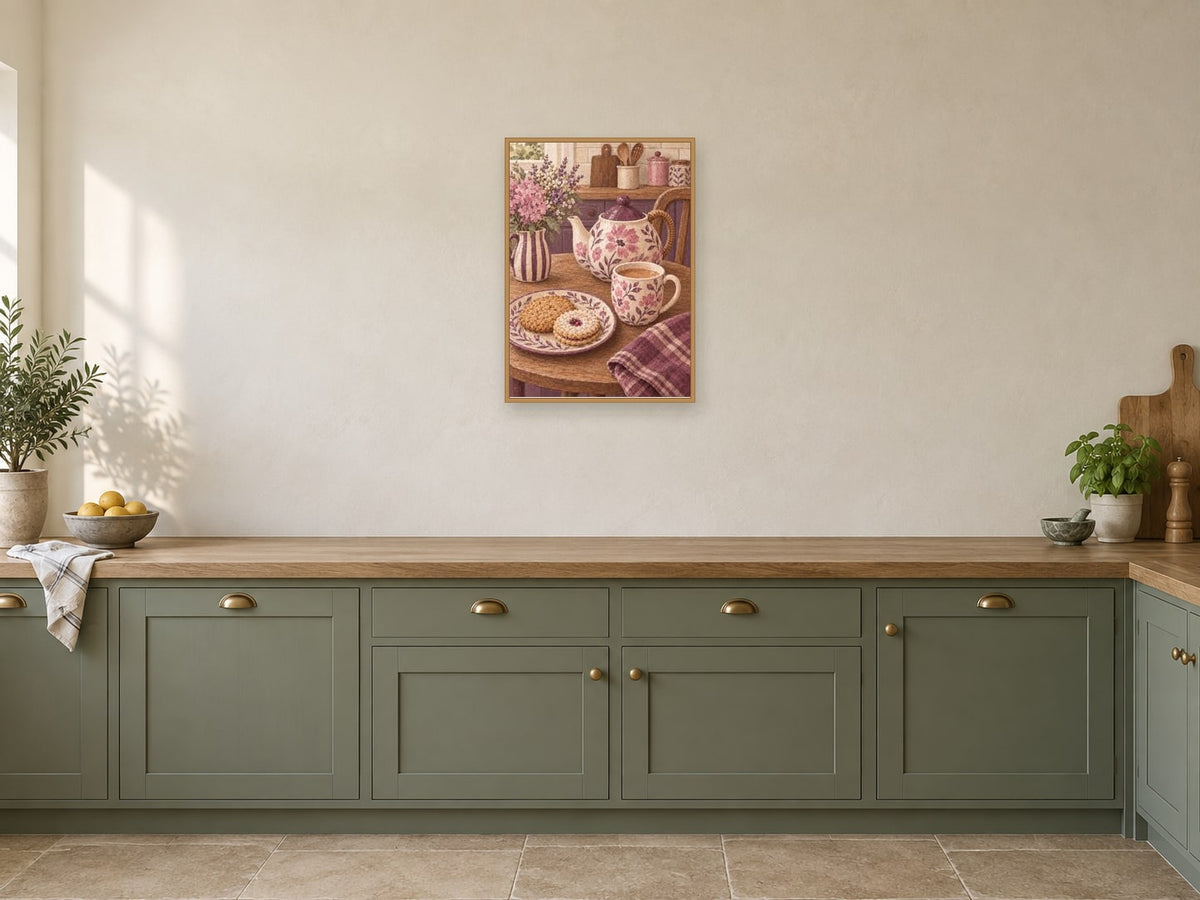 Biscuits for Two — A2 artwork shown in a room with a natural wood frame; select a framed finish to include a frame