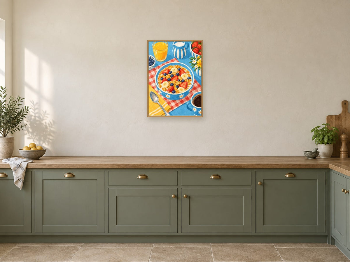 Breakfast at the Blue Table — A2 artwork shown in a room with a natural wood frame; select a framed finish to include a frame