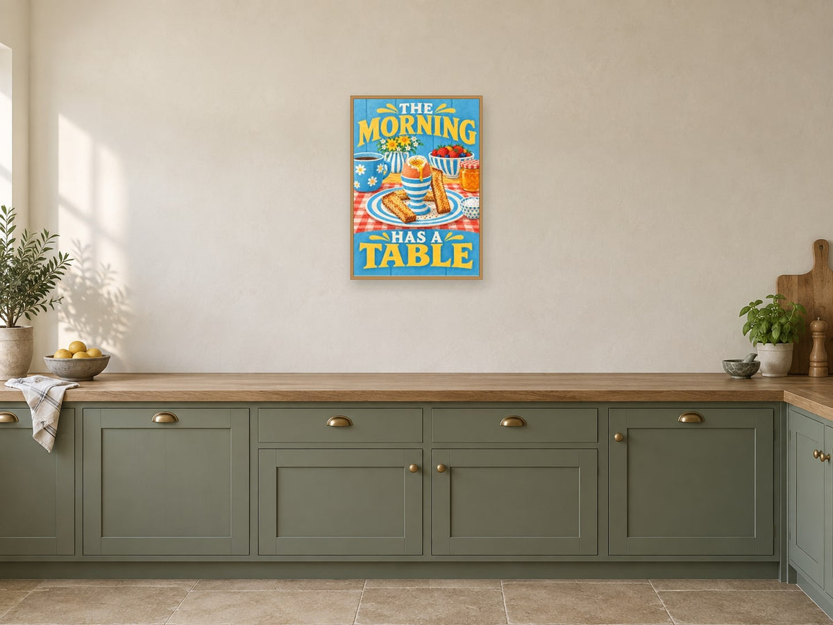 The Morning Has a Table — A2 artwork shown in a room with a natural wood frame; select a framed finish to include a frame