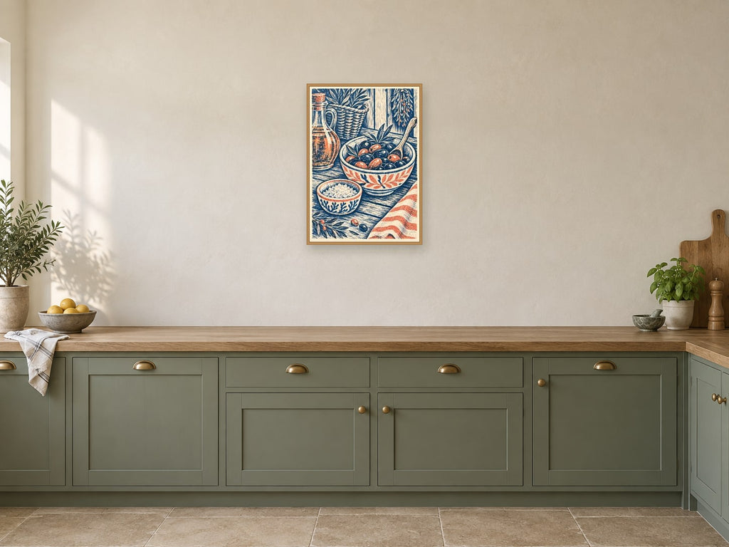 Sea Salt and Olives — A2 artwork shown in a room with a natural wood frame; select a framed finish to include a frame