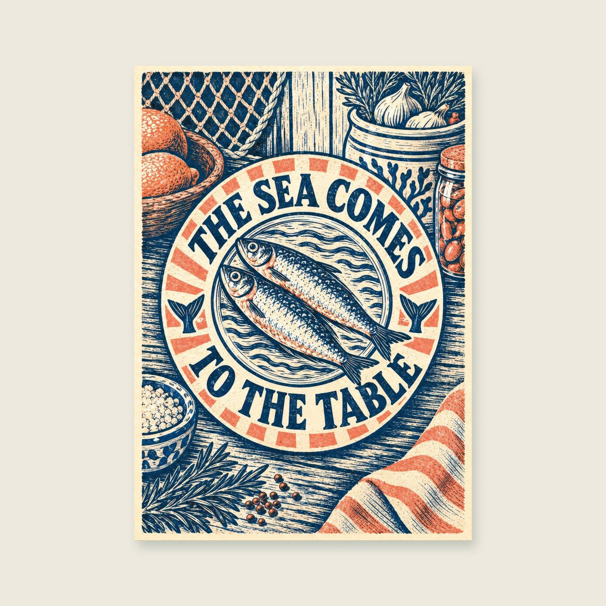 The Sea Comes to the Table — Linocut-inspired illustration kitchen art print