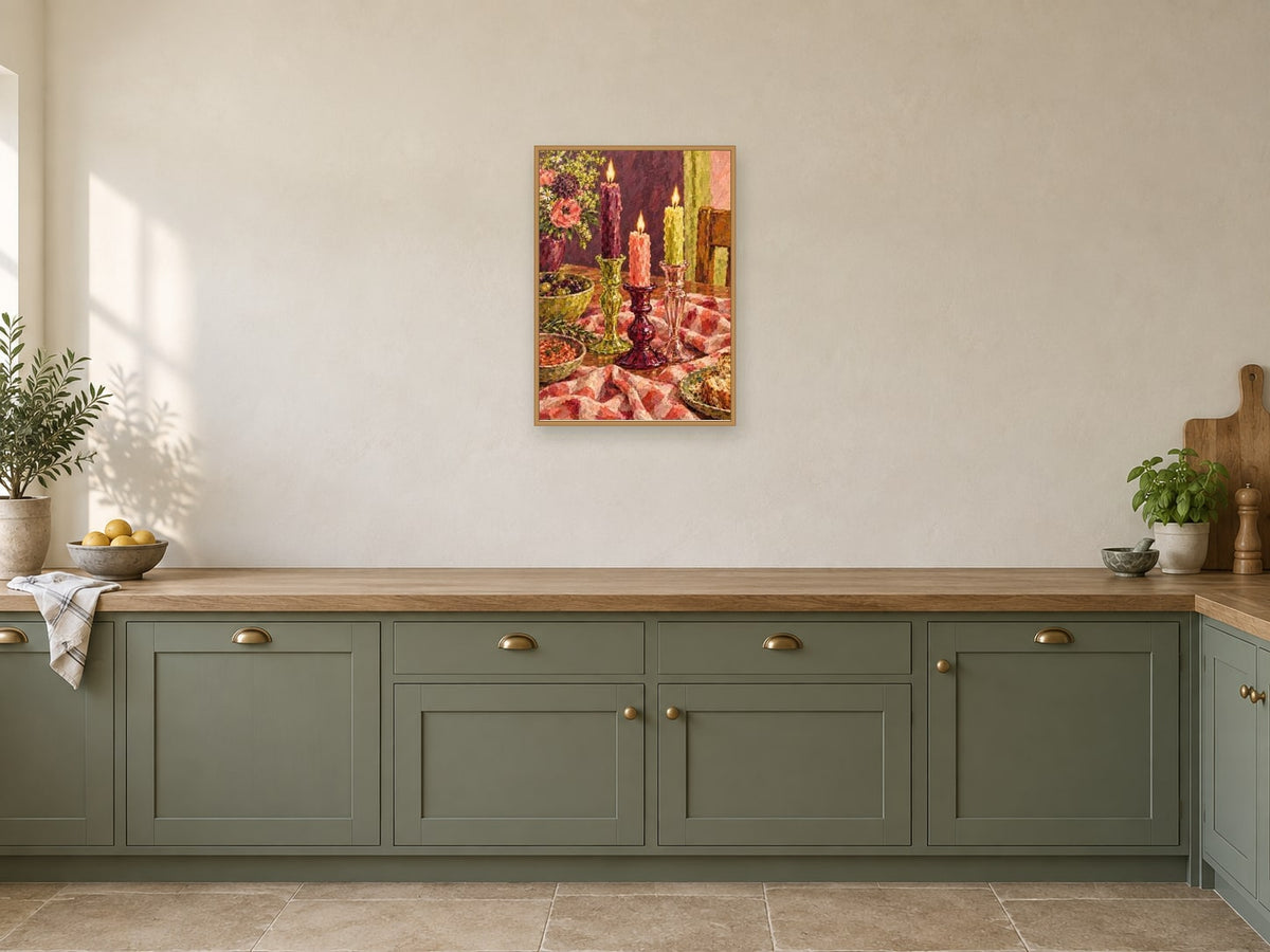 Candles After Dinner — A2 artwork shown in a room with a natural wood frame; select a framed finish to include a frame