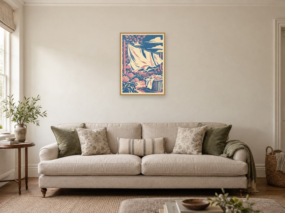 Fresh linen billowing on an imaginary garden line — A2 artwork shown in a room with a natural wood frame; select a framed finish to include a frame