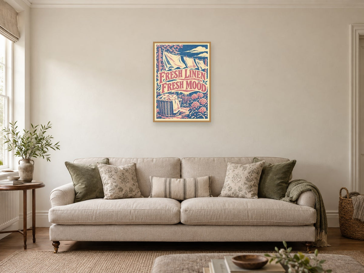 Fresh Linen Fresh Mood — A2 artwork shown in a room with a natural wood frame; select a framed finish to include a frame