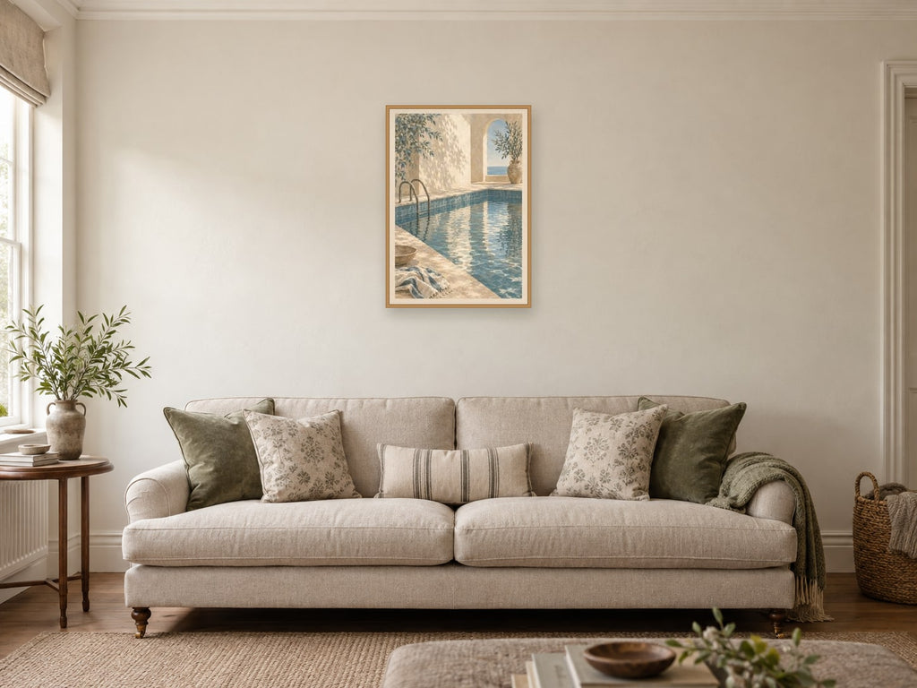 The Quiet Pool — A2 artwork shown in a room with a natural wood frame; select a framed finish to include a frame