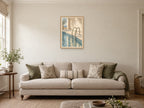 Steps into Blue — A2 artwork shown in a room with a natural wood frame; select a framed finish to include a frame