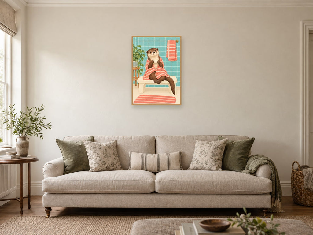 Otter After the Soak — A2 artwork shown in a room with a natural wood frame; select a framed finish to include a frame
