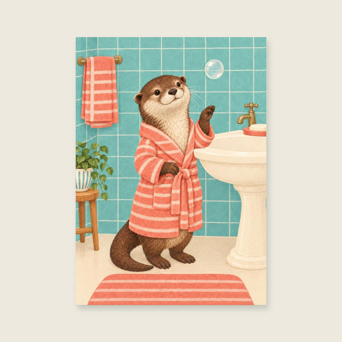 Otter and the Last Bubble — Playful otter bathhouse bathroom art print
