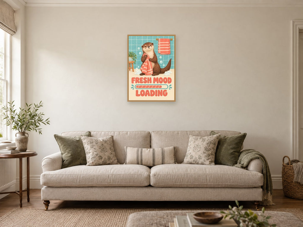 Fresh Mood Loading — A2 artwork shown in a room with a natural wood frame; select a framed finish to include a frame