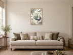 Shell on Linen — A2 artwork shown in a room with a natural wood frame; select a framed finish to include a frame