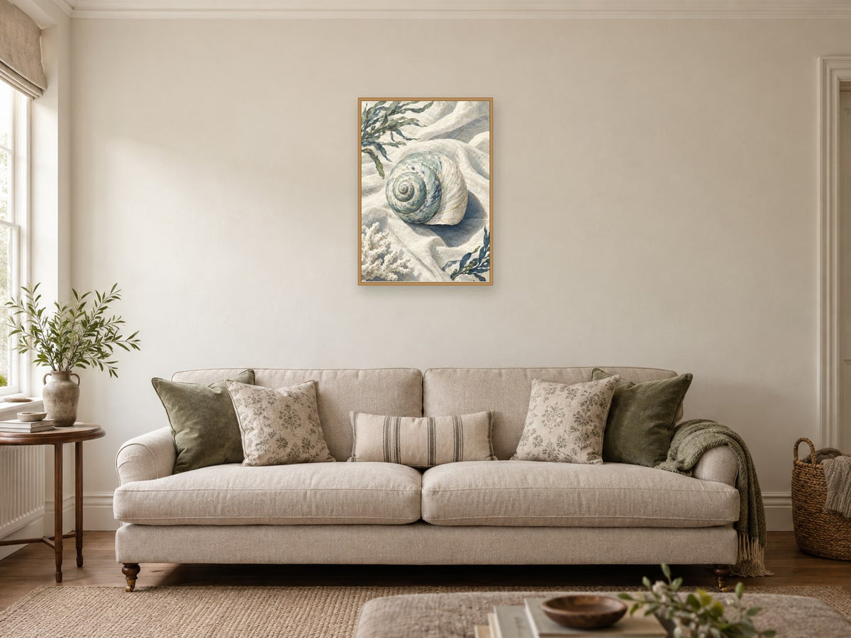 Shell on Linen — A2 artwork shown in a room with a natural wood frame; select a framed finish to include a frame