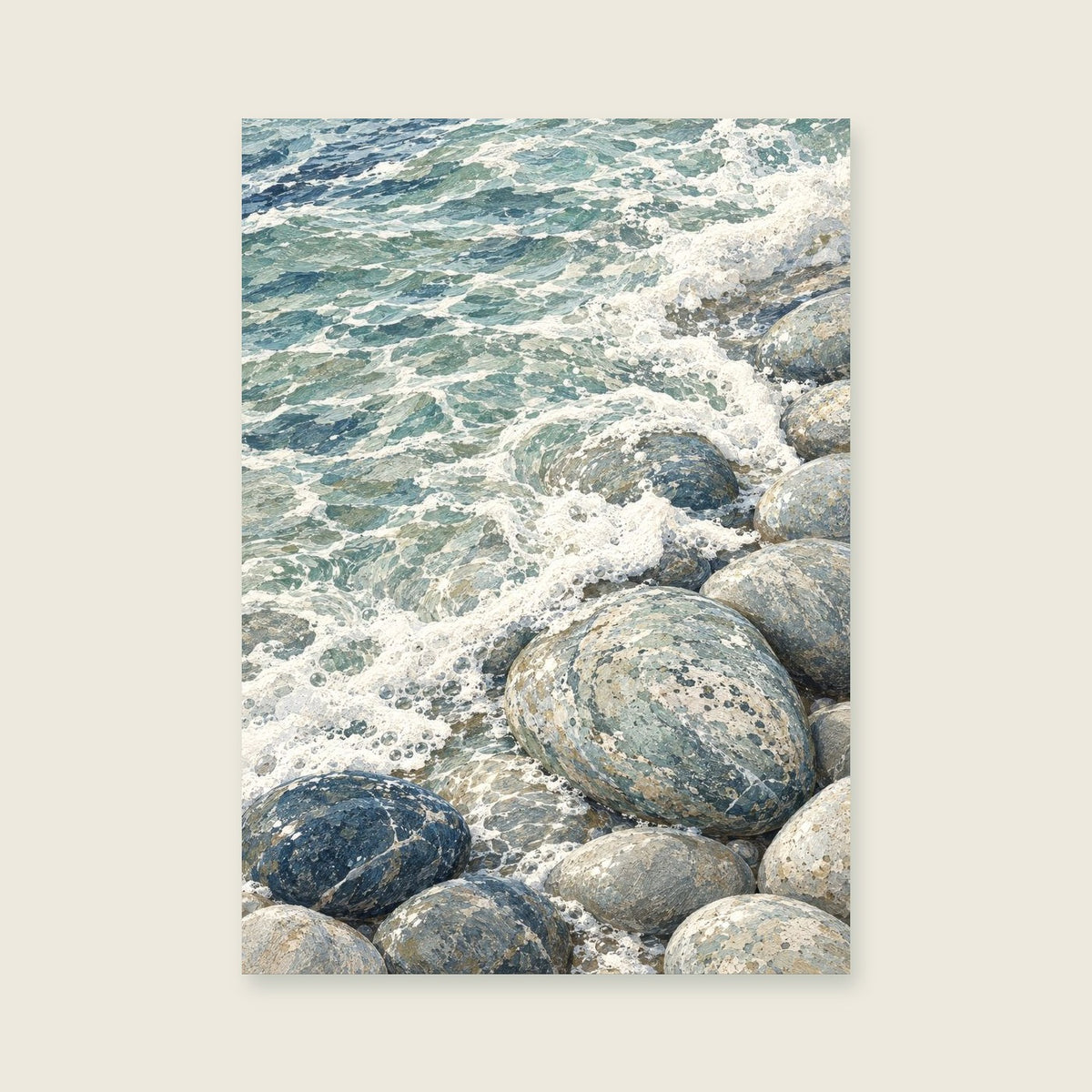 Tide Through Pebbles — Textured coastal illustration bathroom art print