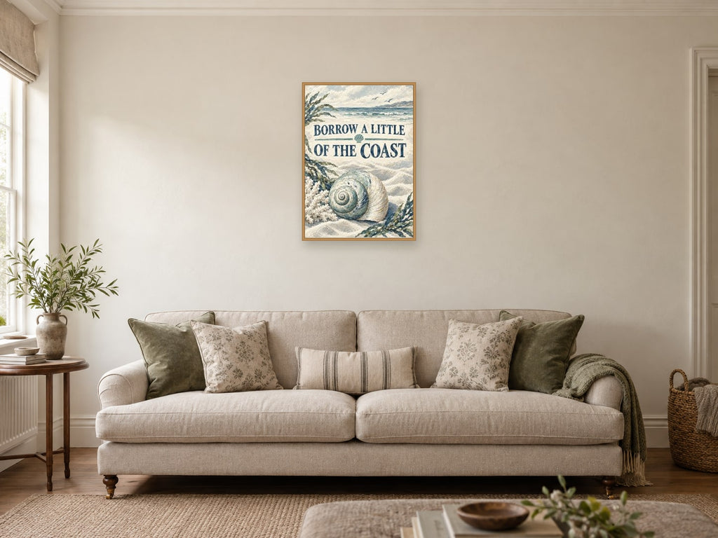 Borrow a Little of the Coast — A2 artwork shown in a room with a natural wood frame; select a framed finish to include a frame
