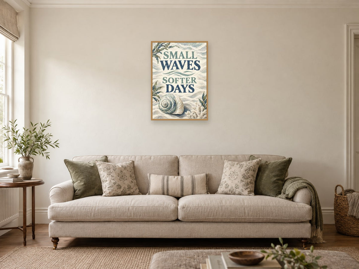 Small Waves Softer Days — A2 artwork shown in a room with a natural wood frame; select a framed finish to include a frame