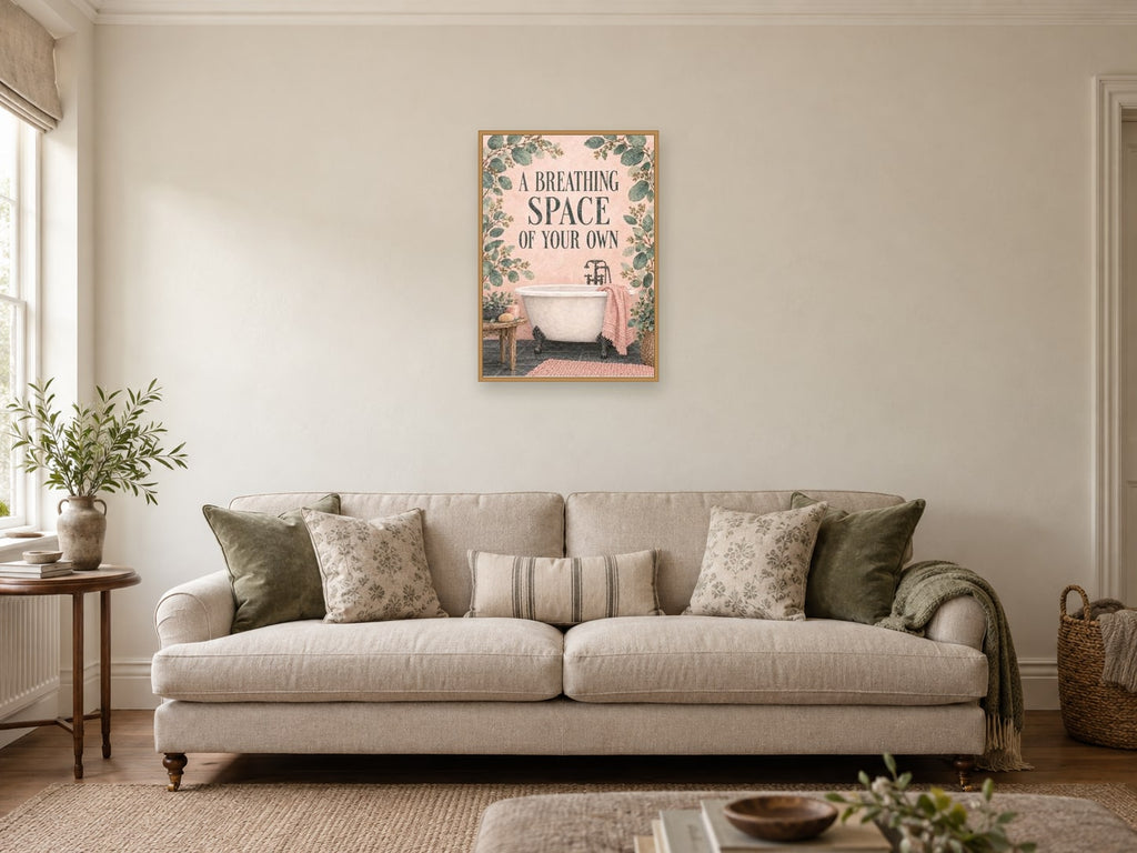 A Breathing Space of Your Own — A2 artwork shown in a room with a natural wood frame; select a framed finish to include a frame
