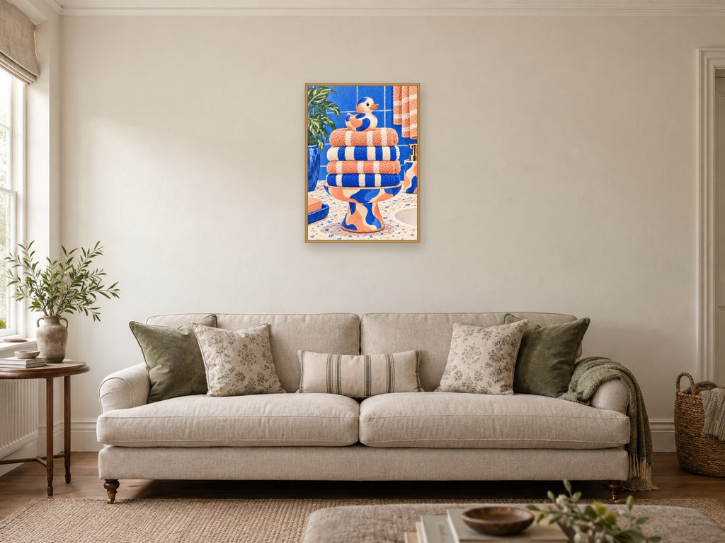 The Very Important Rubber Duck — A2 artwork shown in a room with a natural wood frame; select a framed finish to include a frame