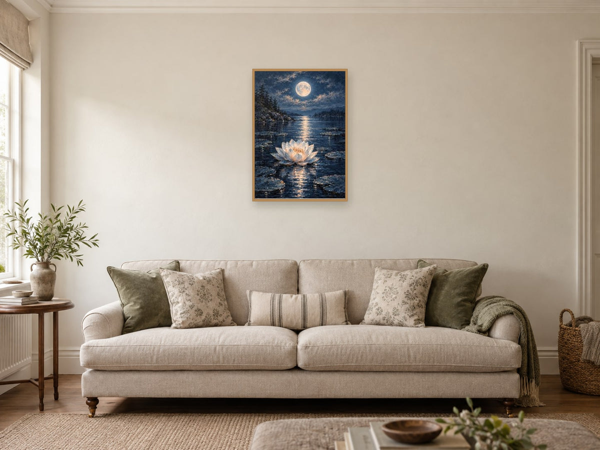 Water Lily After Dark — A2 artwork shown in a room with a natural wood frame; select a framed finish to include a frame