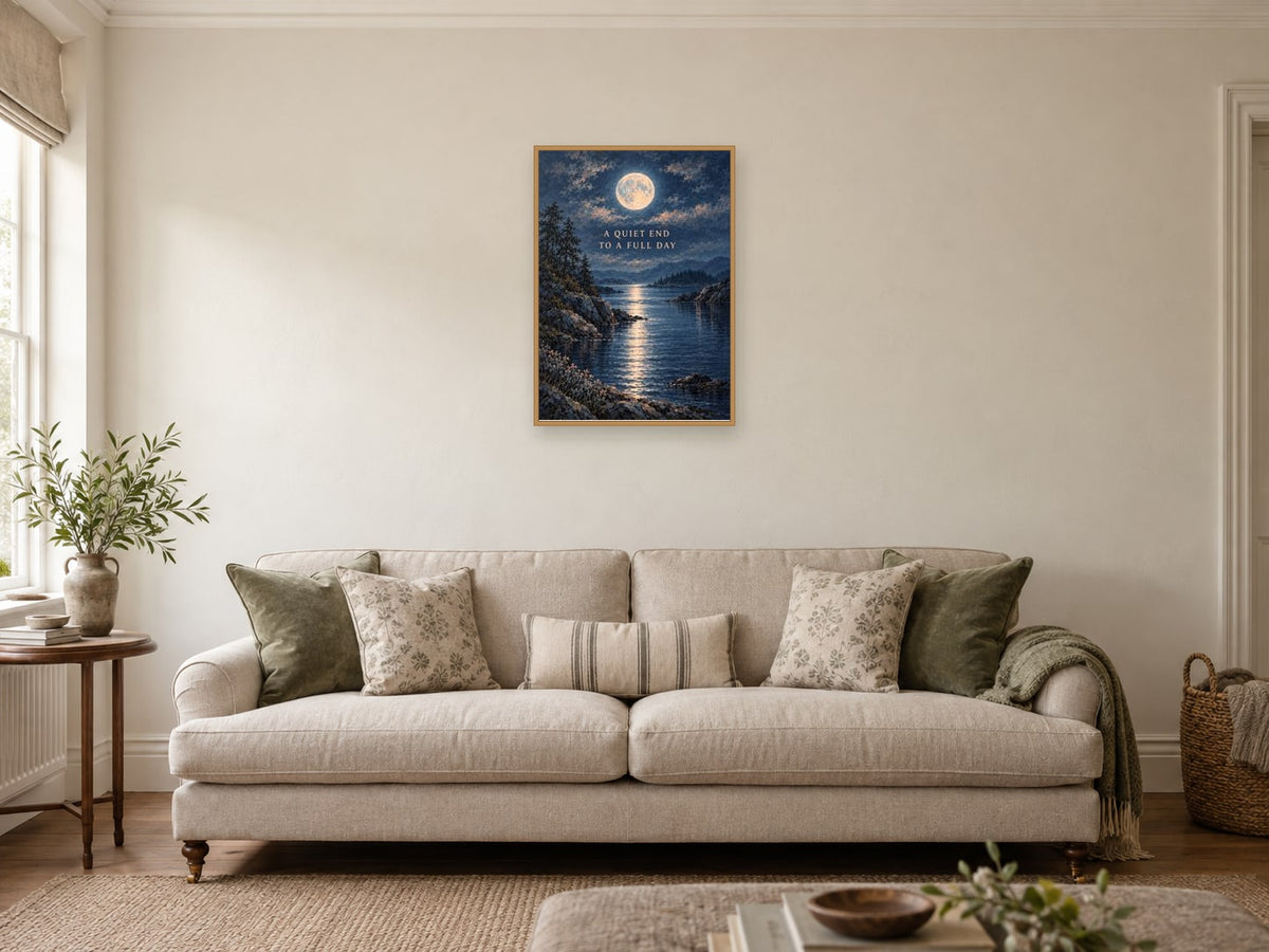 A Quiet End to a Full Day — A2 artwork shown in a room with a natural wood frame; select a framed finish to include a frame