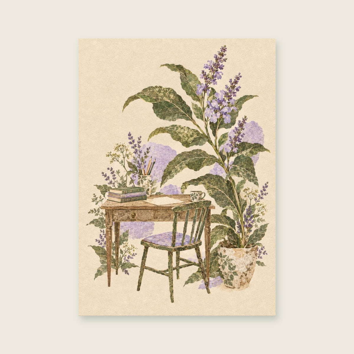The Small Green Desk — Botanical collage home office art print