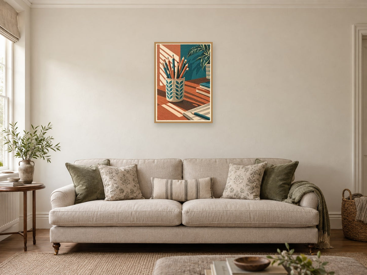 The Pencil Jar Study — A2 artwork shown in a room with a natural wood frame; select a framed finish to include a frame