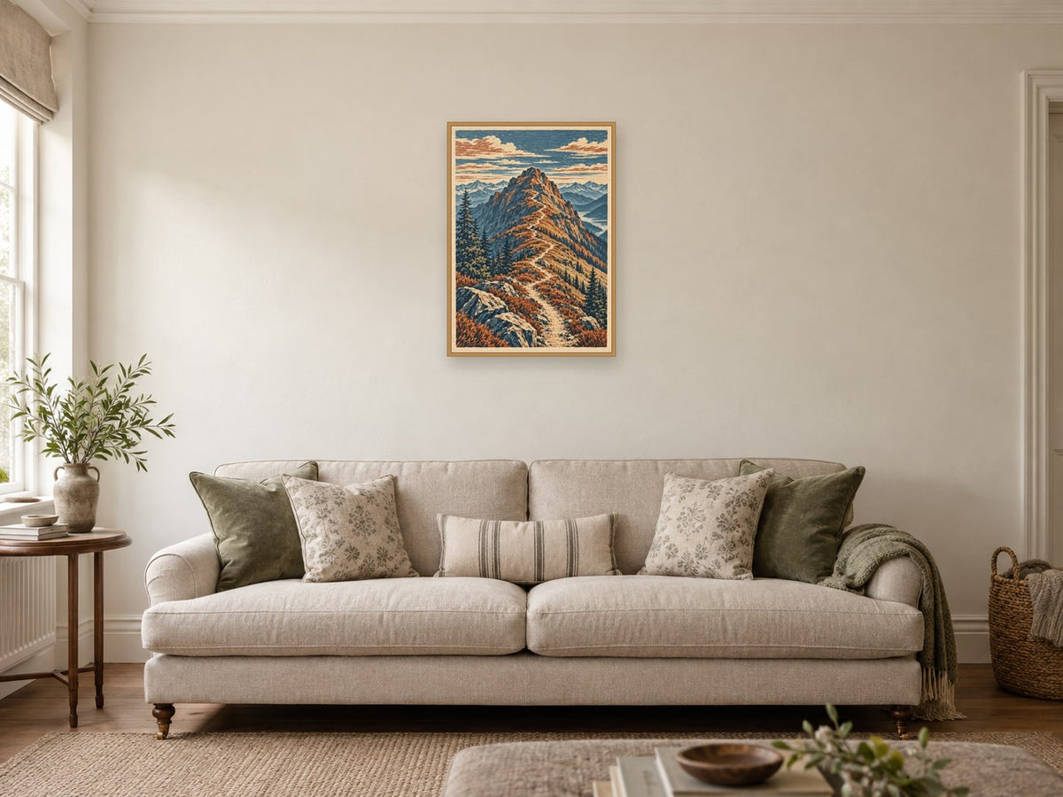The First Ridge — A2 artwork shown in a room with a natural wood frame; select a framed finish to include a frame